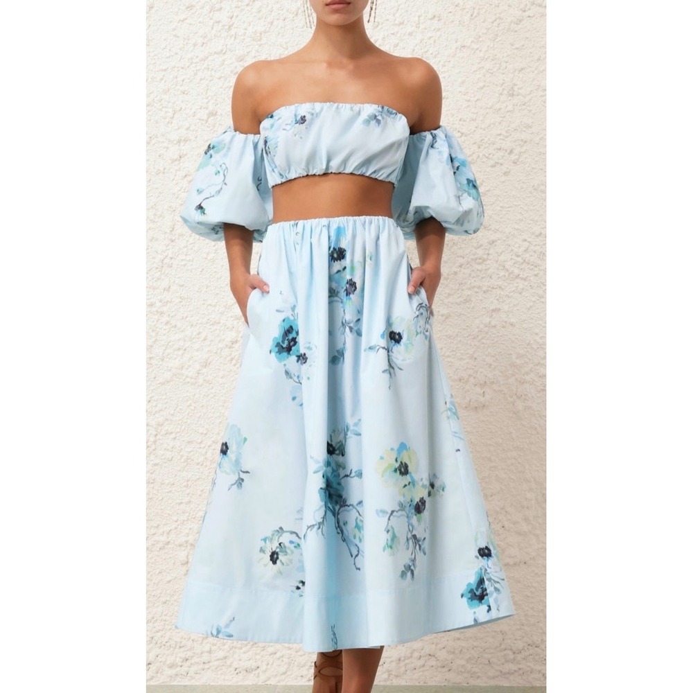 Zimmermann Cassia Floral Cotton Two-Piece Set Crop Top Midi Skirt Blue NWT